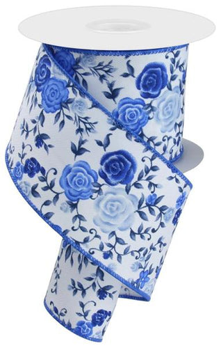 Floral Roses on Royal Canvas Wired Edge Ribbon - 10 Yards (White, Multi Blue, 2.5