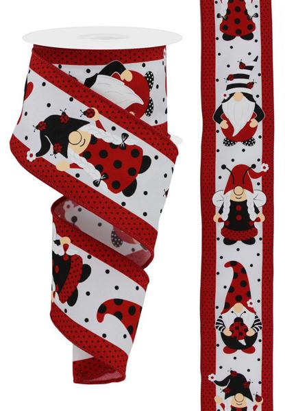Gnomes & Ladybugs Wired Ribbon : White - 2.5 Inches x 10 Yards (30 Feet)
