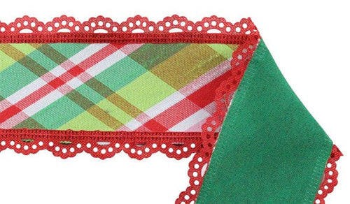 Green Pink Diagonal plaid Lace egde fused back 2.5 Inches x (30 Yards) wired Ribbon 