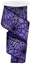 Load image into Gallery viewer, Wired Halloween ribbon in purple featuring spider webs, perfect for spooky wreaths and festive fall decorations.
