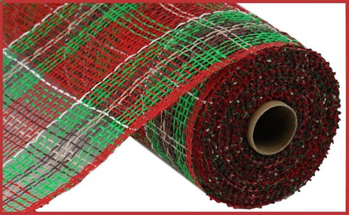Plaid Poly Burlap Mesh Color: Red/Emerald/Choc/Nat/Crm - 10 Inches x 10 Yards (30 Feet)