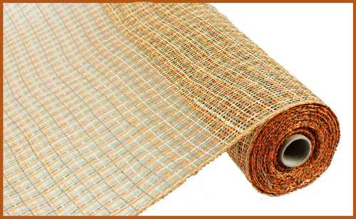 Poly Burlap Plaid Mesh Ribbon : Orange Beige Moss Green Brown  - 21 Inches x 10 Yards (30 Feet)