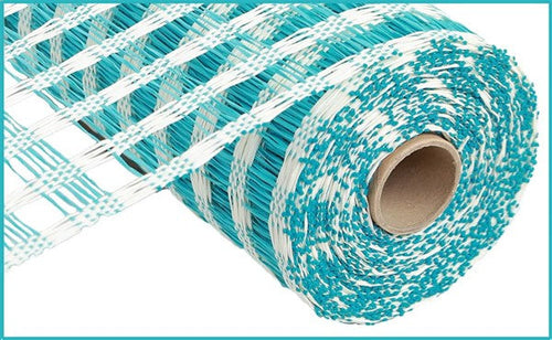Poly Burlap Check Mesh Ribbon : Turquoise Blue Cream  - 21 Inches x 10 Yards (30 Feet)