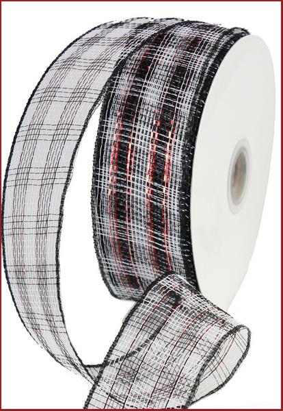 Deco Poly Mesh Ribbon : Metallic Black White Red Buffalo Check - 2.5 Inches x 25 Yards (75 Feet)