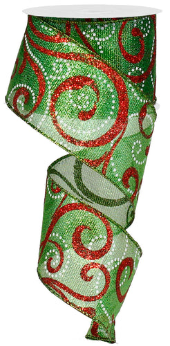 Metallic Lamé Swirl Wired Ribbon : Green Red White - 2.5 Inches x 10 Yards (30 Feet)