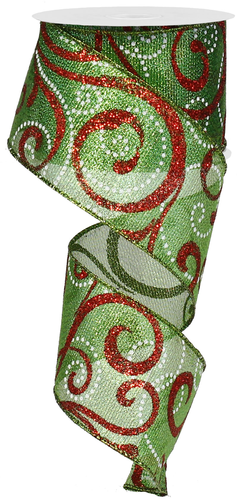 Metallic Lamé Swirl Wired Ribbon : Green Red White - 2.5 Inches x 10 Yards (30 Feet)