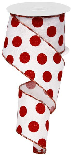 Polka Dot Wired Ribbon - White, Red - 2.5 Inches x 10 Yards (30 Feet)