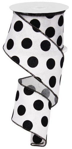 Polka Dot Velvet Canvas Wired Edge Ribbon - White, Black - 2.5 Inches x 10 Yards (30 Feet)