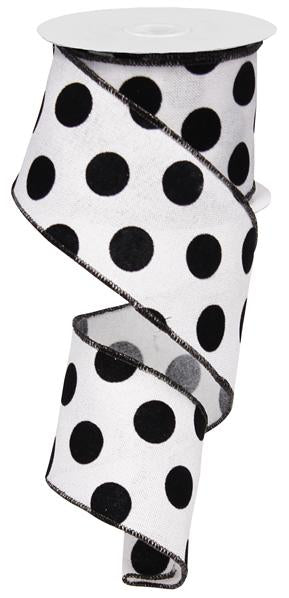 Polka Dot Velvet Canvas Wired Edge Ribbon - White, Black - 2.5 Inches x 10 Yards (30 Feet)