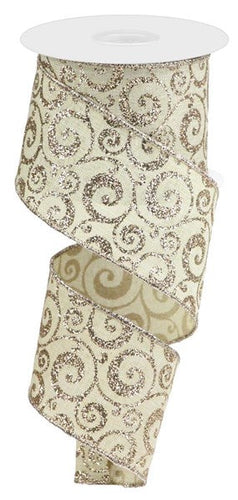 Glitter Swirl Christmas Wired Ribbon - Ivory Buff Champagne - 2.5 Inches x 10 Yards (30 Feet)