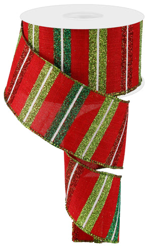 GLITTER HORIZ STRIPES Color: RED/LIME/WHITE - 2.5 Inches x 10 Yards (30 Feet)