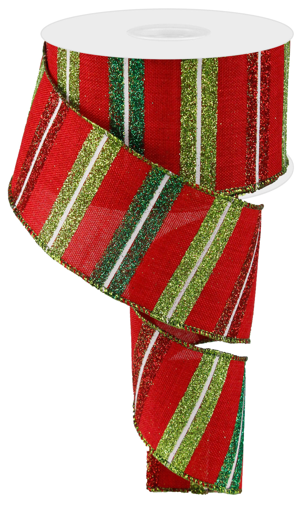 GLITTER HORIZ STRIPES Color: RED/LIME/WHITE - 2.5 Inches x 10 Yards (30 Feet)