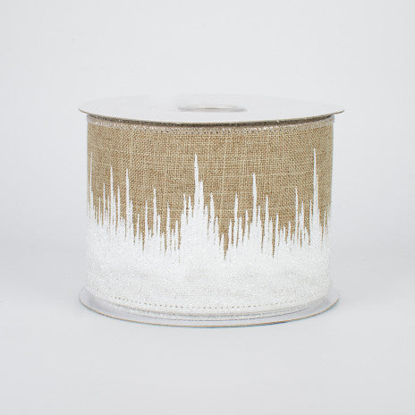 Glitter Icicle Ribbon: Natural Wired edge with red stitching  Polyester faux canvas fabric  White print with white glitter - 2.5 Inches x 10 Yards (30 Feet)