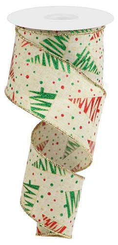Christmas Zig Zag Trees Canvas Wired Edge Ribbon - Ivory, Red, Emerald Green, Gold - 2.5 Inches x 10 Yards (30 Feet)