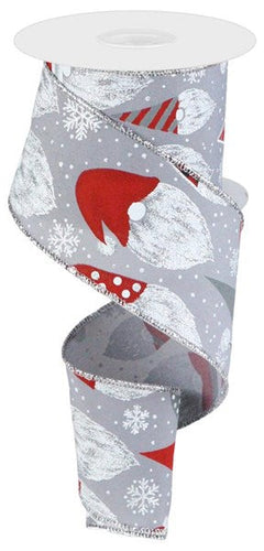 Gnome Heads & Snowflakes Wired Ribbon - Grey Gray - 2.5 Inches x 10 Yards (30 Feet)