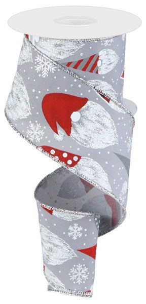 Gnome Heads & Snowflakes Wired Ribbon - Grey Gray - 2.5 Inches x 10 Yards (30 Feet)