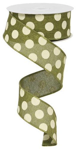 Polka Dot Wired Ribbon : Moss Green, Ivory - 1.5 Inches x 10 Yards (30 Feet)