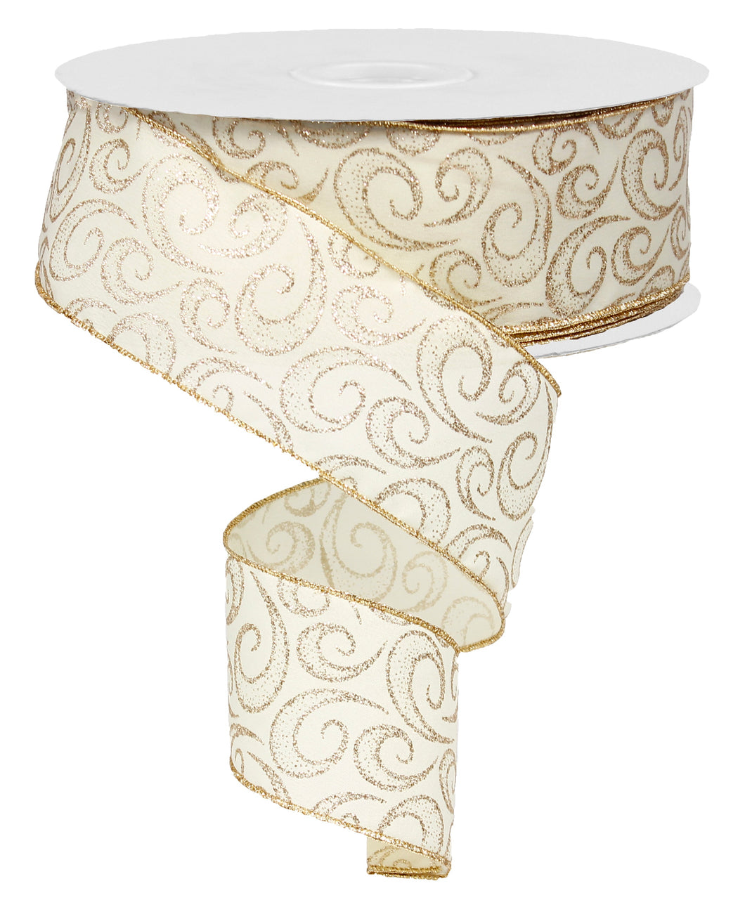 Ivory Gold Glitter Fancy Swirl Wired Ribbon - 50 Yards (2.5 Inches)