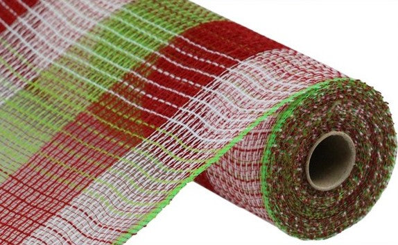 Faux Jute & Large Check Deco Mesh Ribbon : Lime Green, Red, White - 10.25 Inches x 10 Yards (30 Feet)