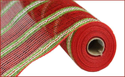 Laser Foil Stripe Mesh Ribbon : White Red Green - 21 Inches x 10 Yards (30 Feet)