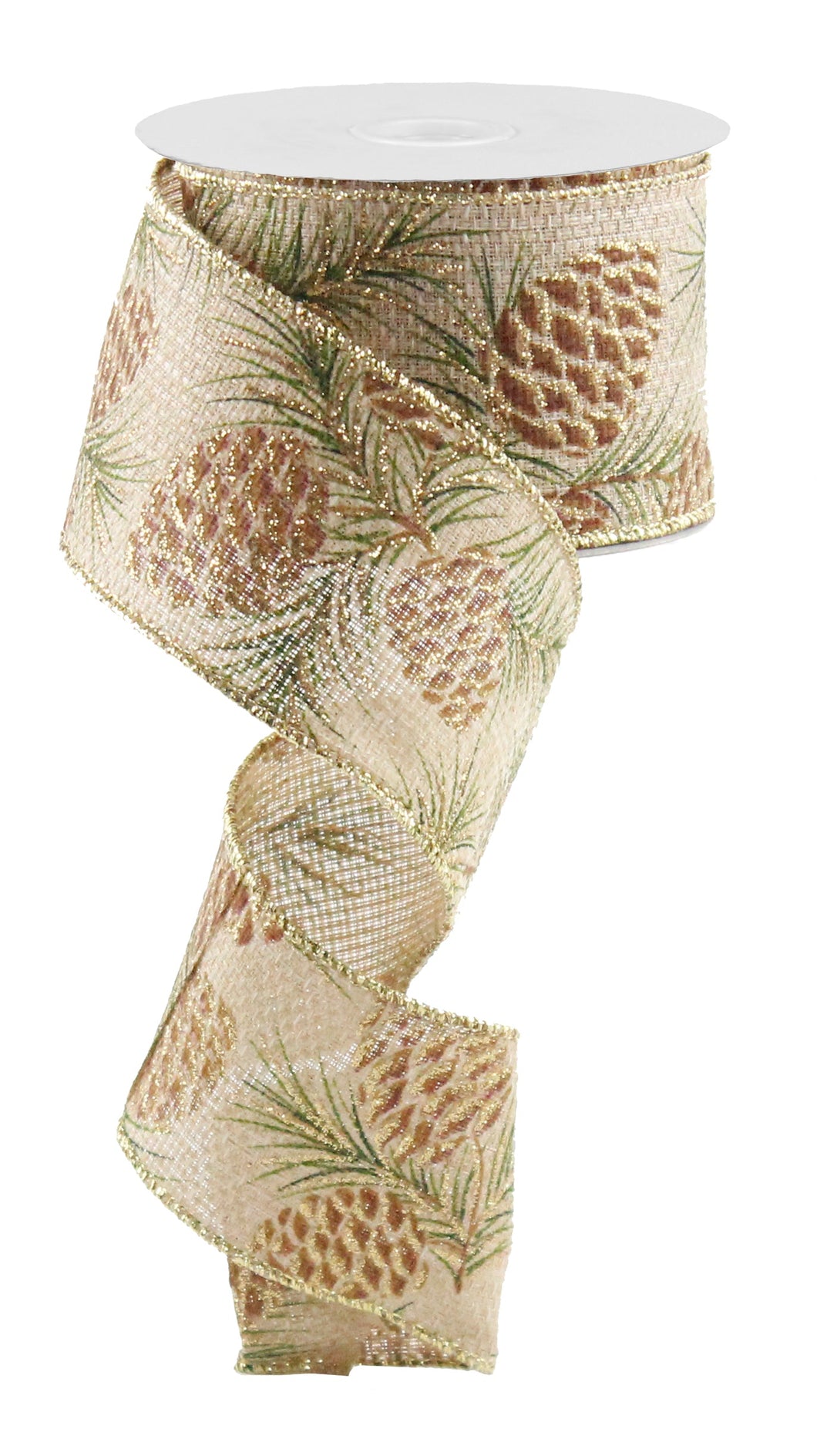 Christmas Tree Pinecone Glitter Canvas Wired Ribbon : Brown Burlap Green - 2.5 Inches x 50 Yards (150 Feet)