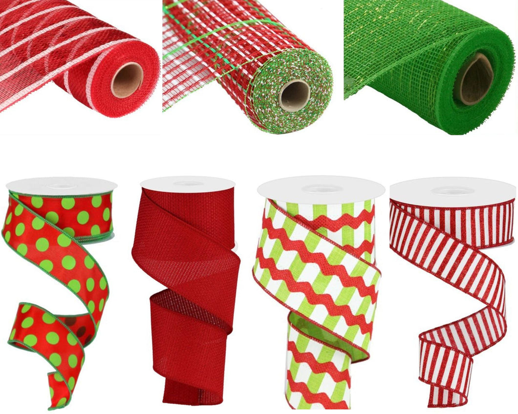 Christmas Wreath Kit Materials, Lime, Red Wreathing Kit, Brand New Craft Supply Handmade 10 In X 10 Yd (30ft) Coordinating Wired Ribbons