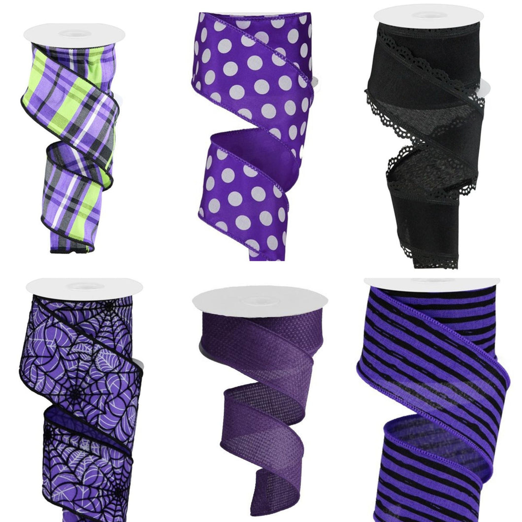 Halloween Supplies For Making Handmade DIY Wreath, includes 6 Ribbons, Black White Purple Green