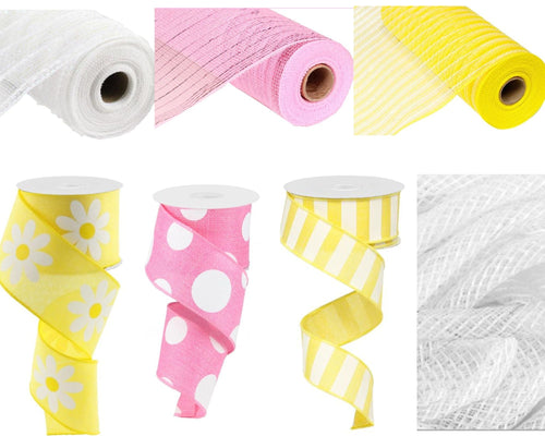 Daisy Wreath Starter Mesh Ribbon Kit : Pink Yellow White