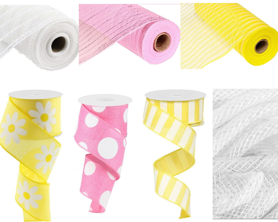 Daisy Wreath Starter Mesh Ribbon Kit : Pink Yellow White