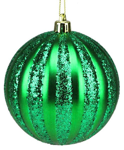Vertical Stripe Ornament Round Matte Ball: Emerald Green 4 Inch (100 mm) Wide : Dozen Pack 12 - Gold Loop Hanger Attached