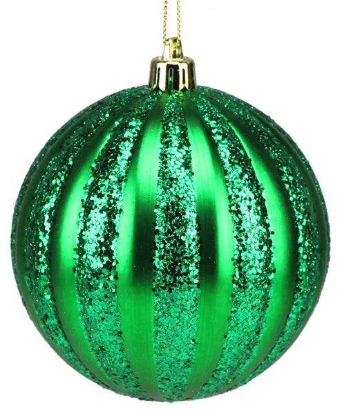 Vertical Stripe Ornament Round Matte Ball: Emerald Green 4 Inch (100 mm) Wide : Dozen Pack 12 - Gold Loop Hanger Attached
