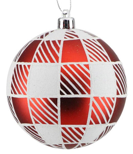 Round Ball Glitter Ornament: Red White Buffalo Plaid 4 Inches (100 mm) Wide - Dozen Pack 12 - Gold Loop Hanger Attached