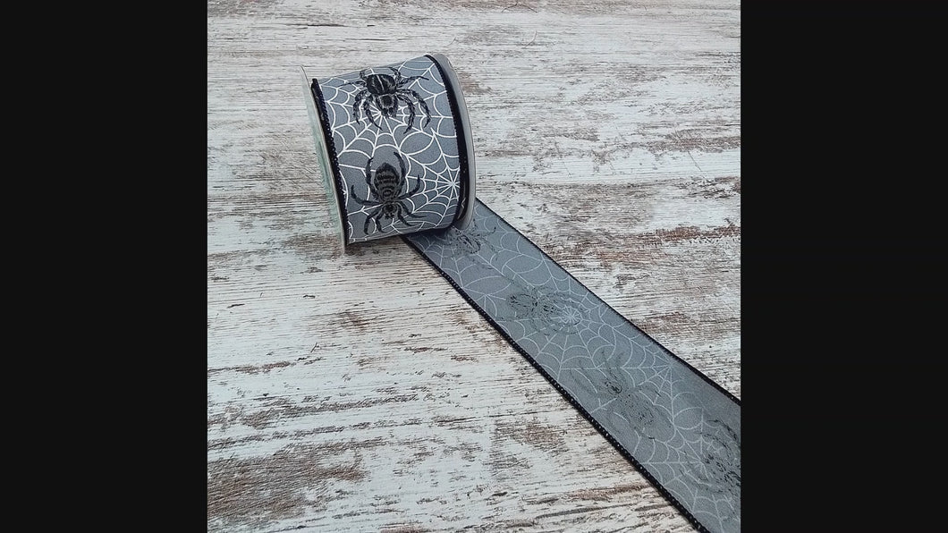 Spider Web Spider on Canvas Wired Ribbon - 10 Yards (Grey Gray, White, Black, 2.5 Inches)