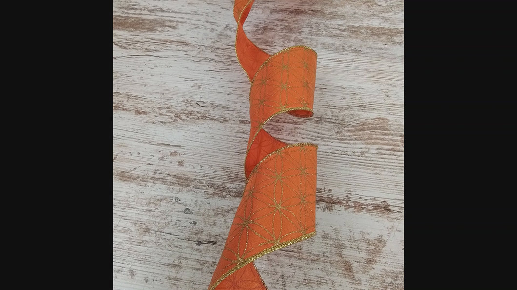 Fall Glitter Seamless Stars On Faux Dupioni Wired Ribbon (2.5 Inches, Pumpkin,Gold) - 10 Yards