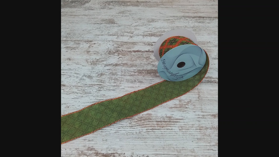 Diagonal Metallic Plaid Fall Thanksgiving Ribbon - Orange, Moss Green - 2.5 Inches x 10 Yards (30 Feet)