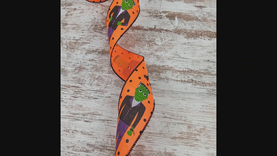 Frankenstein and Polka Dots on Canvas Wired Edge Ribbon, 10 Yards (Orange, 2.5 Inch)