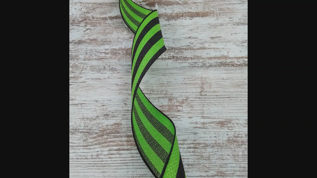Vertical Stripe Wired Ribbon : Lime Green, Black - 2.5 Inches x 10 Yards (30 Feet)