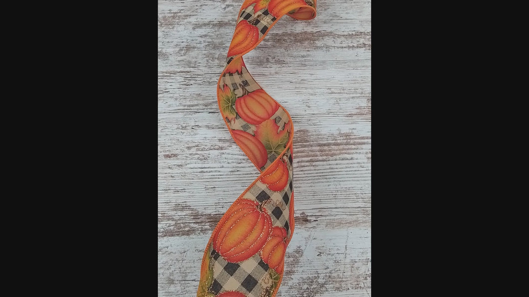 Glitter Pumpkin with Leaves on Check Wired Ribbon : Beige - 2.5 Inches x 10 Yards (30 Feet)