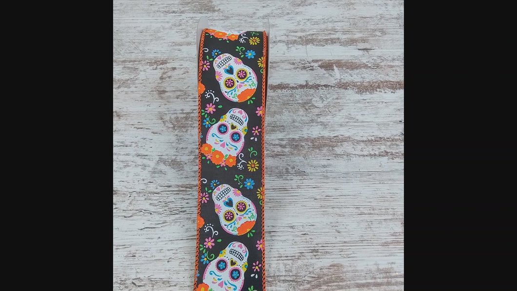 Day of The Dead Sugar Skulls Wired Edge Ribbon : Black - 2.5 Inches x 10 Yards (30 Feet)