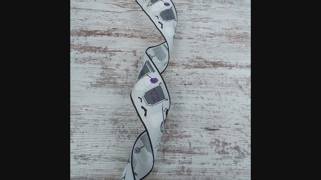 Halloween Graveyard Canvas Wired Ribbon - White, Grey Gray, Black - 2.5 Inches x 10 Yards (30 Feet)