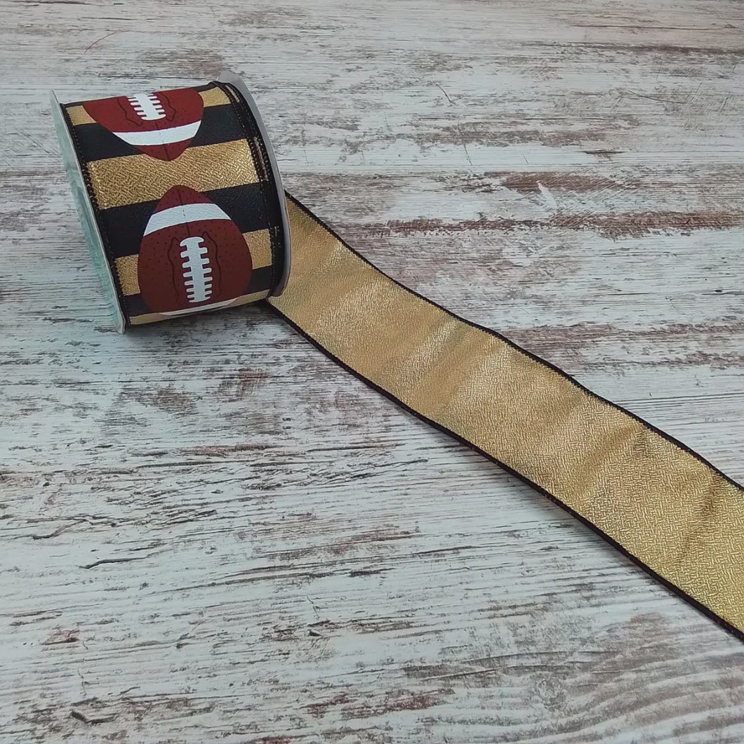 Football Striped Wired Ribbon : Gold, Black - 2.5 Inches x 10 Yards (30 Feet)
