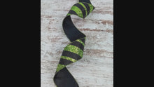 Load and play video in Gallery viewer, Glitter Diagonal Stripe Halloween Wired Ribbon : Black, Lime Green - 2.5 inches x 10 Yards (30 Feet)
