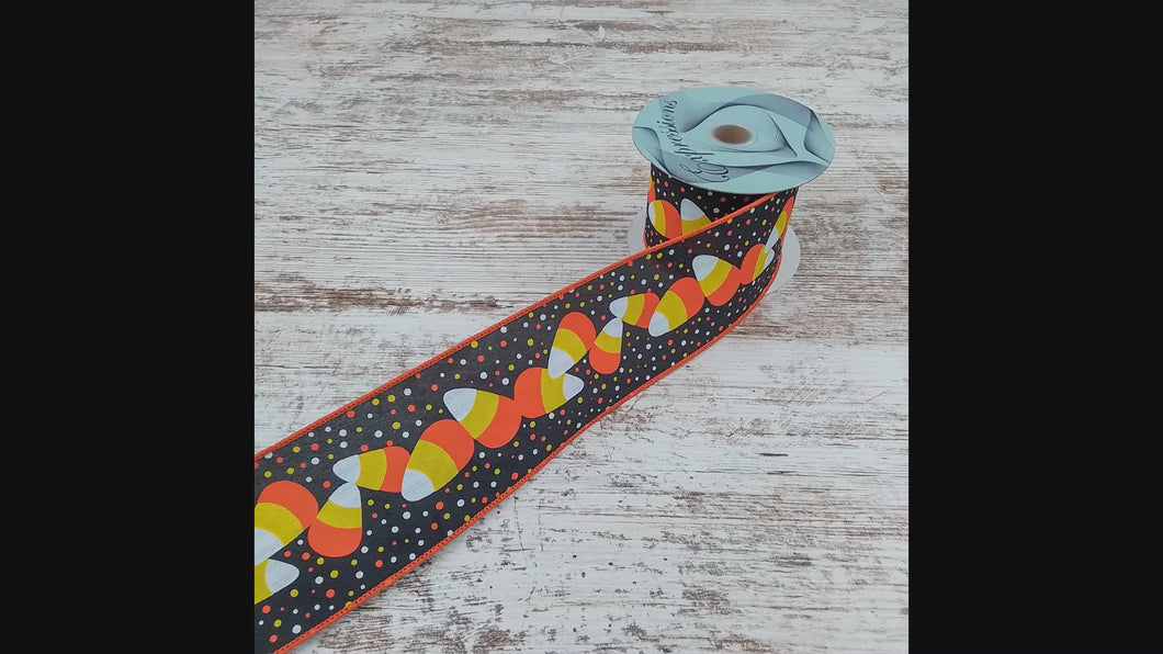 Candy Corn and Polka Dots Wired Ribbon : Black, Yellow, Orange - 2.5 Inches x 10 Yards (30 Feet)